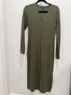 GAP Maternity Olive Ribbed V-Neck Long Sleeve Dress